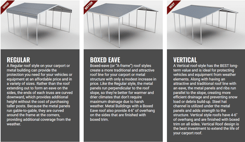 Three different types of metal carports with descriptions.